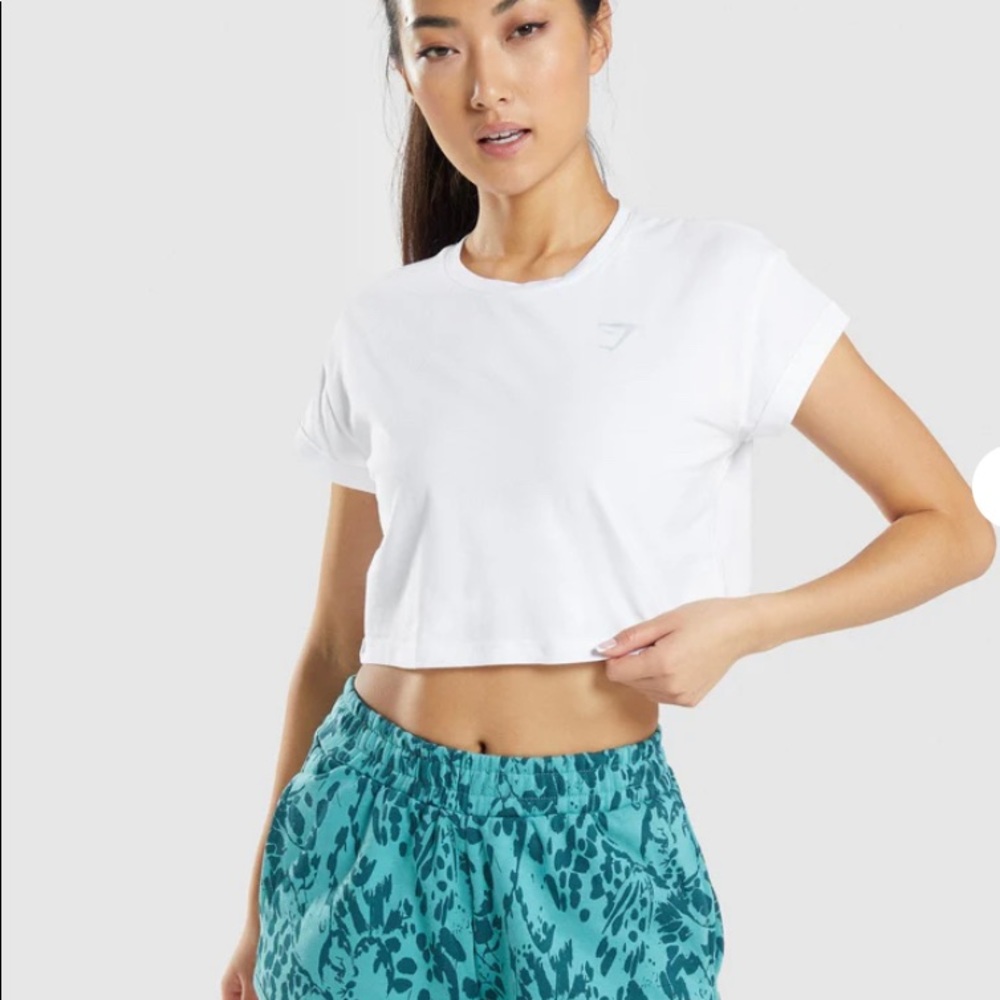 Gymshark white animal crop top with blue detail